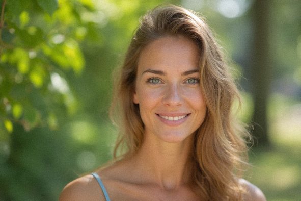 Retrato de una mujer sonriendo en un entorno natural