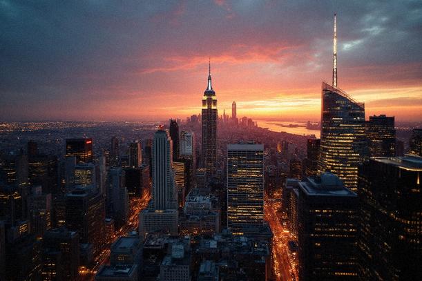 Paisaje urbano al atardecer con rascacielos iluminados