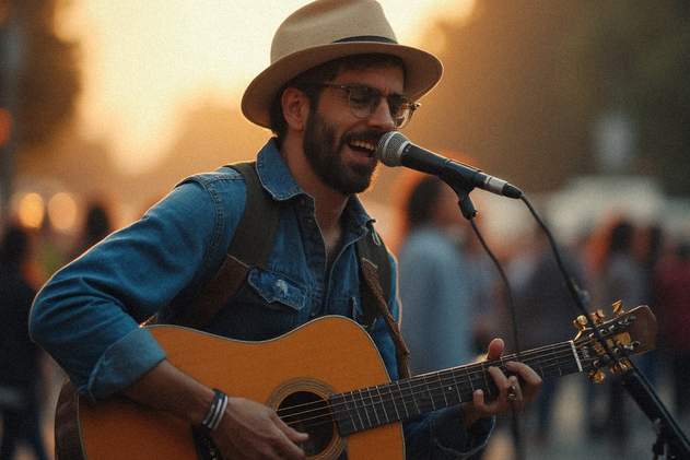 Fotografía de un músico callejero con su guitarra