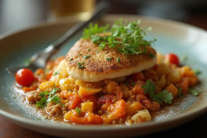 Fotografía de un plato de alta cocina con ingredientes frescos